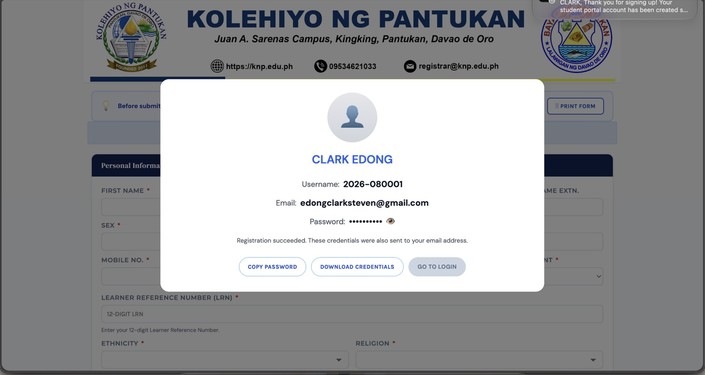 Figure 3.3. Registration success window showing the account credentials.