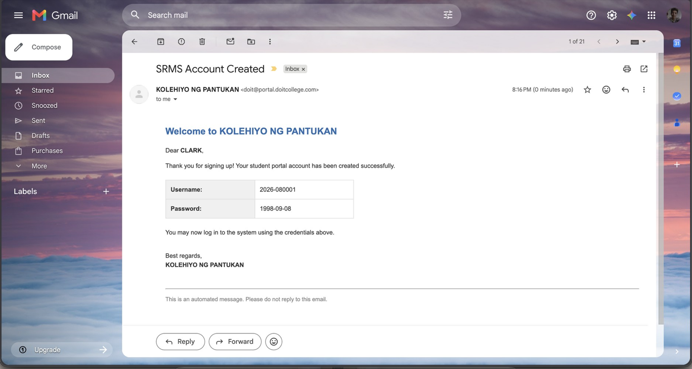 Figure 3.5. Confirmation email containing the student's login credentials.