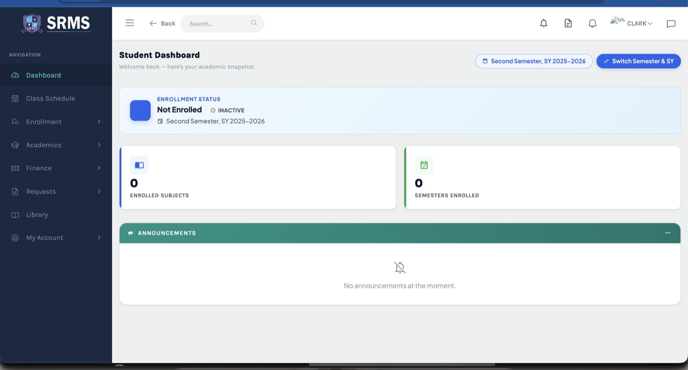 Figure 3.9. Student Dashboard showing "Not Enrolled" status.