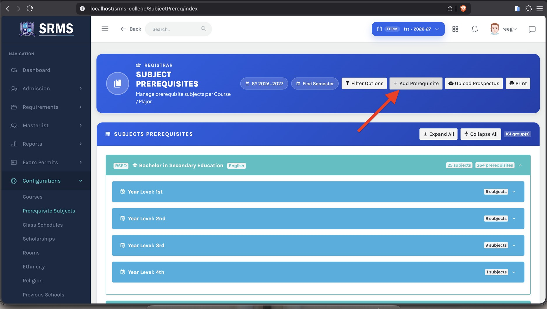 Figure 1.1. Configurations → Prerequisite Subjects — click "Add Prerequisite."