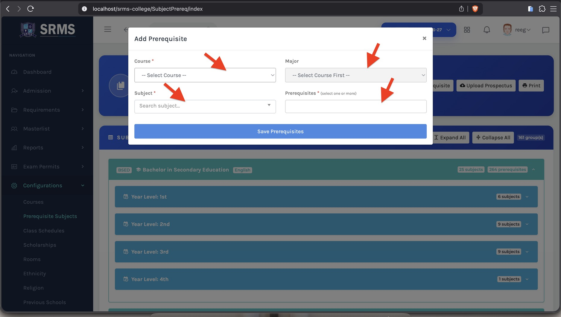 Figure 1.2. Add Prerequisite window — choose the course, major, subject, and prerequisite subjects, then save.