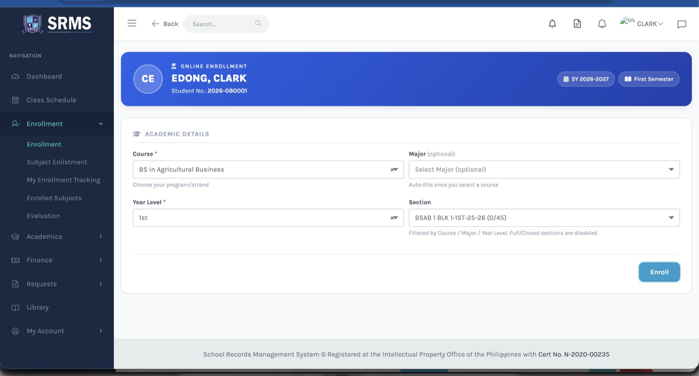 Figure 3.10. Online enrollment — selecting course, major, year level, and section.