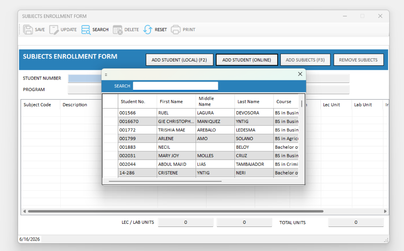 Figure 3.18. Searching for the student to add from online.