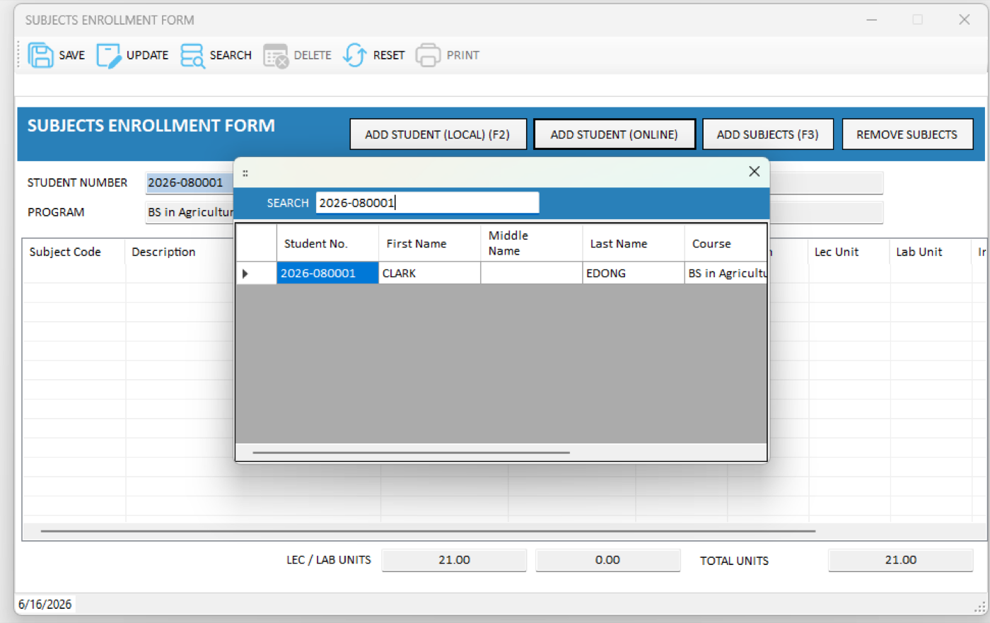 Figure 3.19. Selecting the student record.