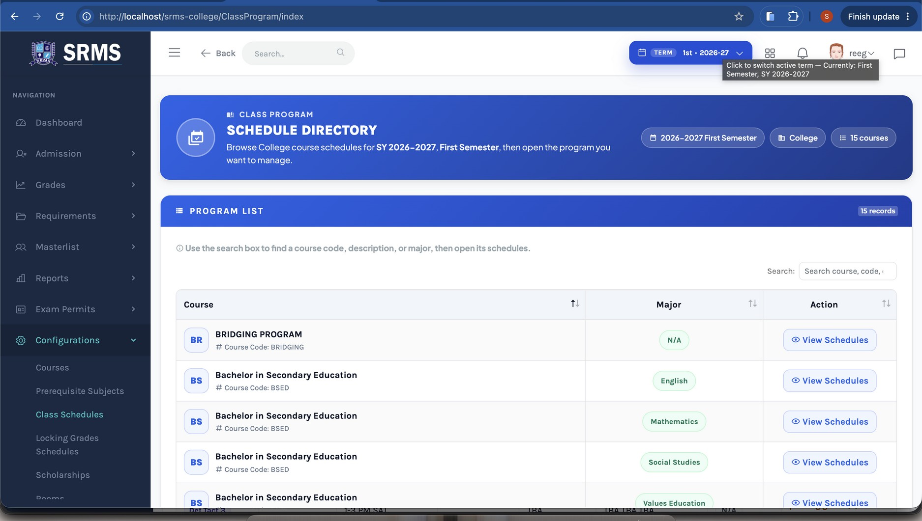 Figure 2.1. Configurations → Class Schedules — select a program from the Program List.