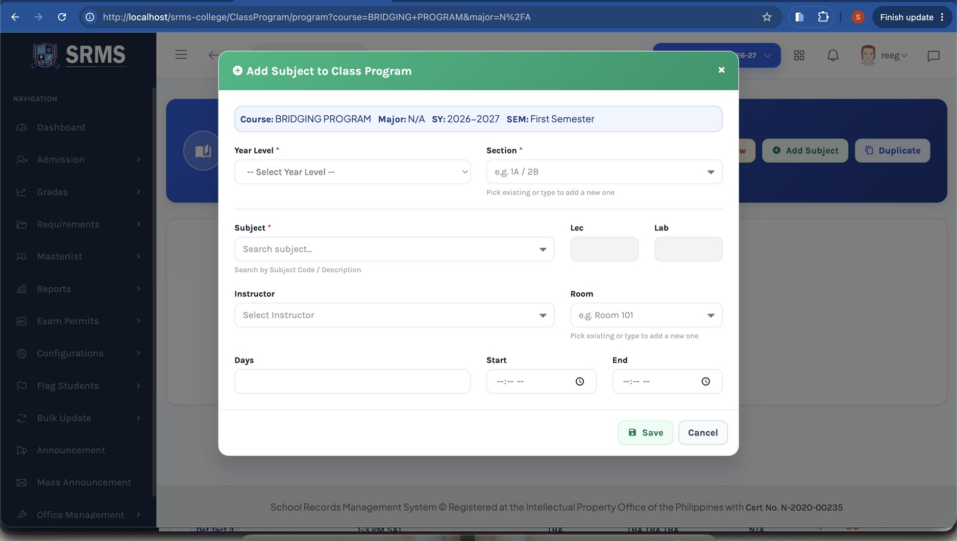 Figure 2.4. Add Subject to Class Program — fill in the year level, section, subject, instructor, room, days, and time.