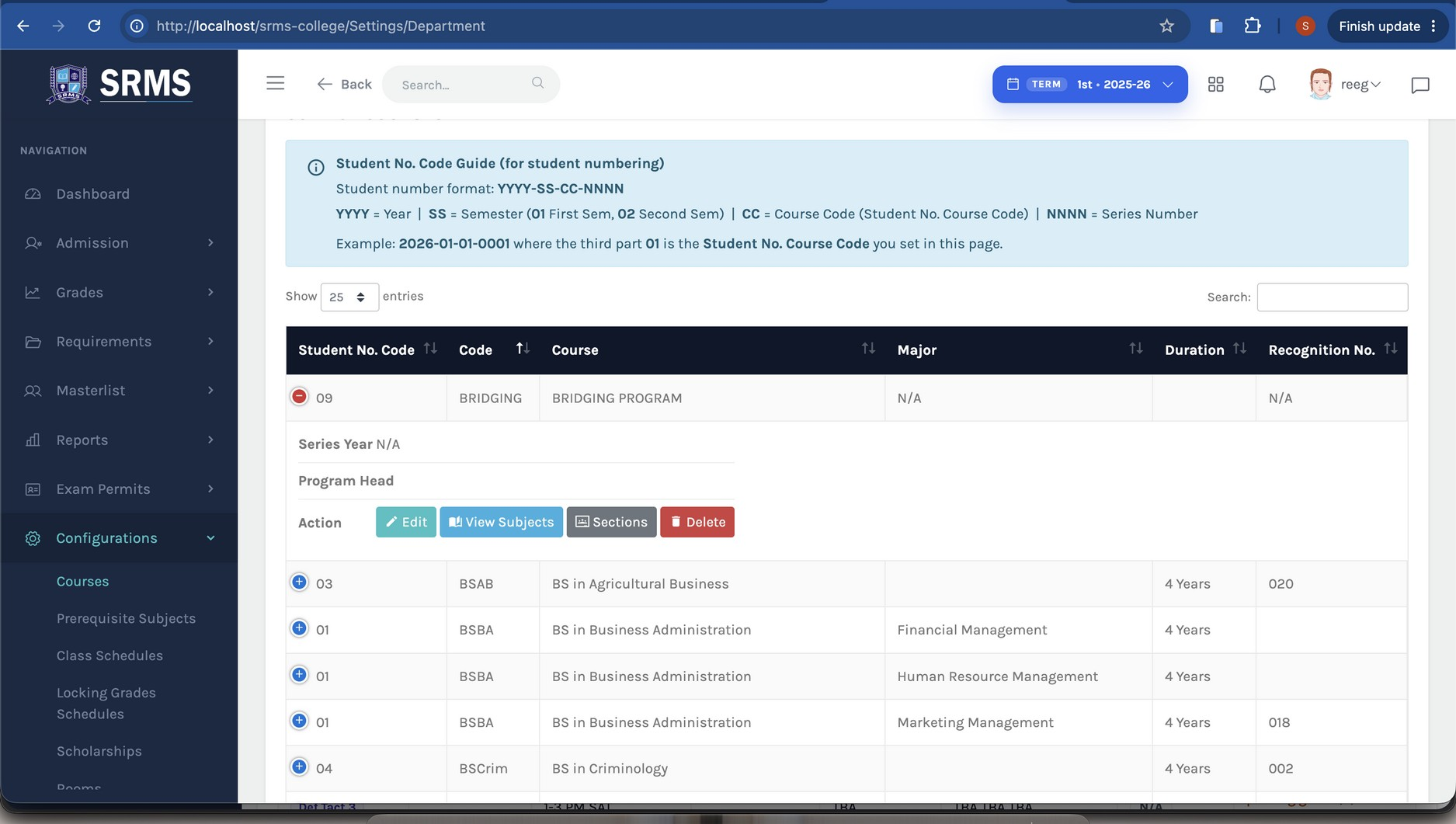 Figure 2.6. Configurations → Courses — under the Action column, click the Sections button for the program.