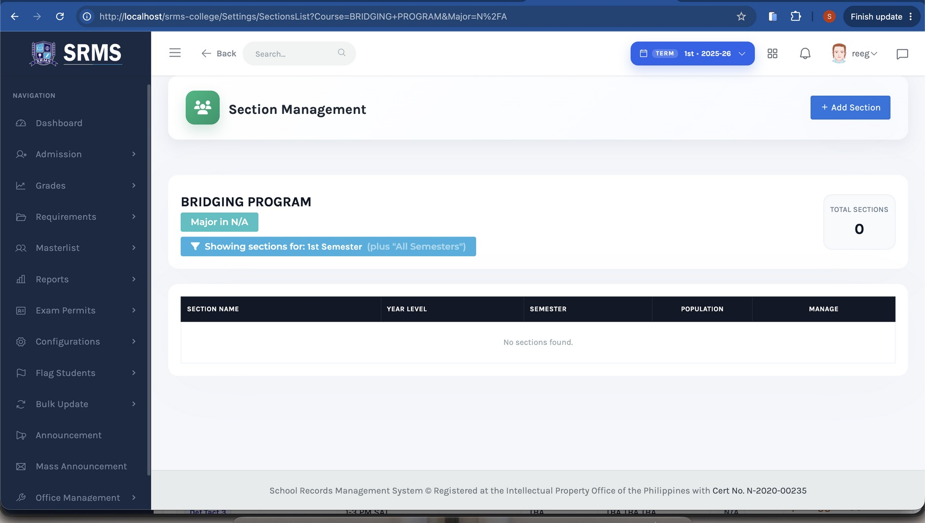Figure 2.7. Section Management — click "Add Section."