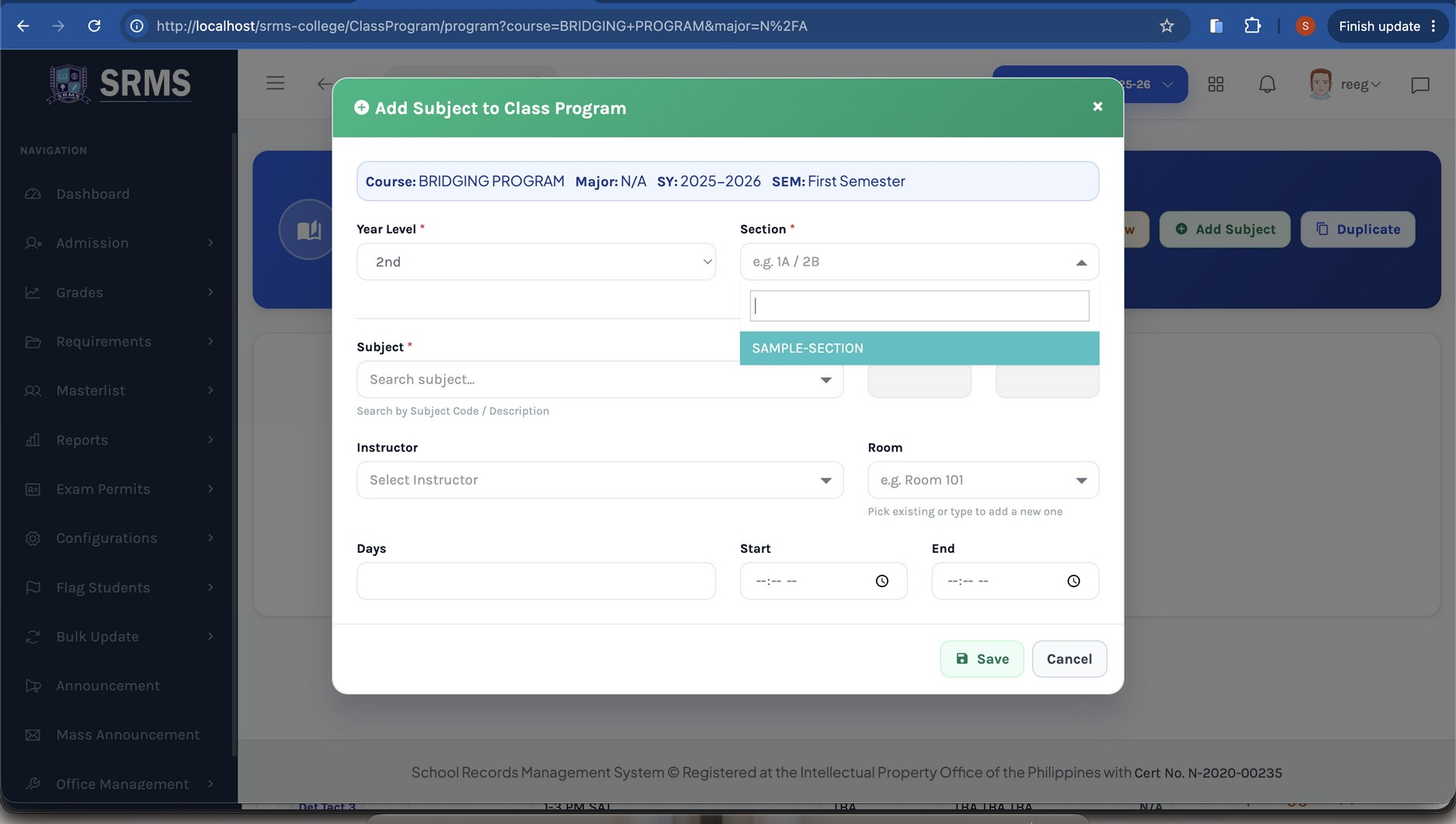 Figure 2.9. The newly created section now appears in the Section dropdown.
