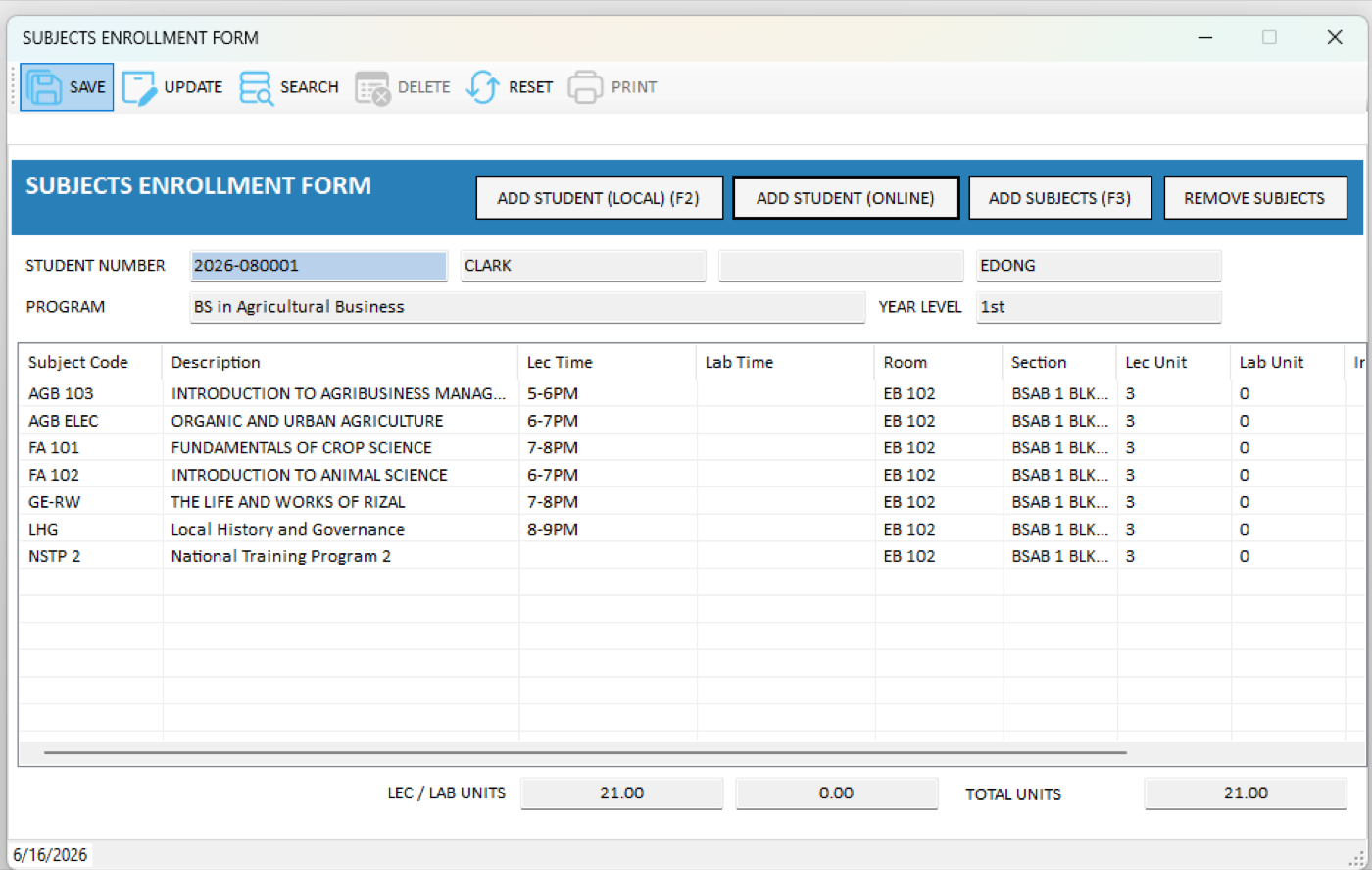 Figure 3.20. The student's subjects loaded into the form.