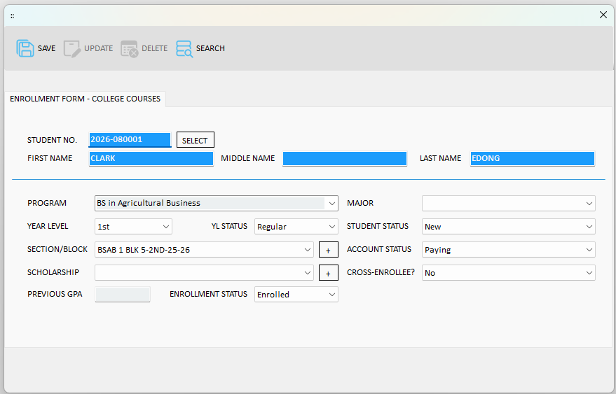 Figure 4.9. Student data loaded into the enrollment form, ready to save.